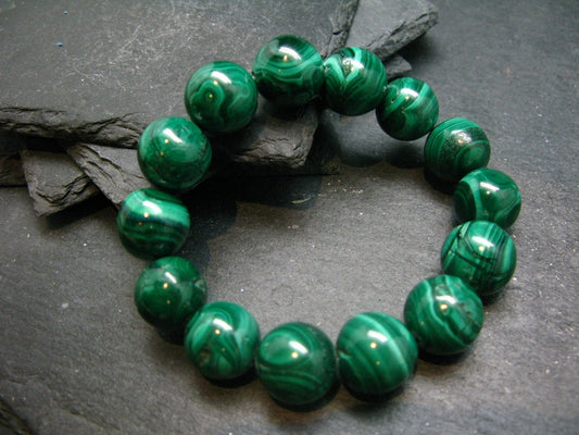 Malachite Genuine Bracelet ~ 7 Inches ~ 14mm Round Beads