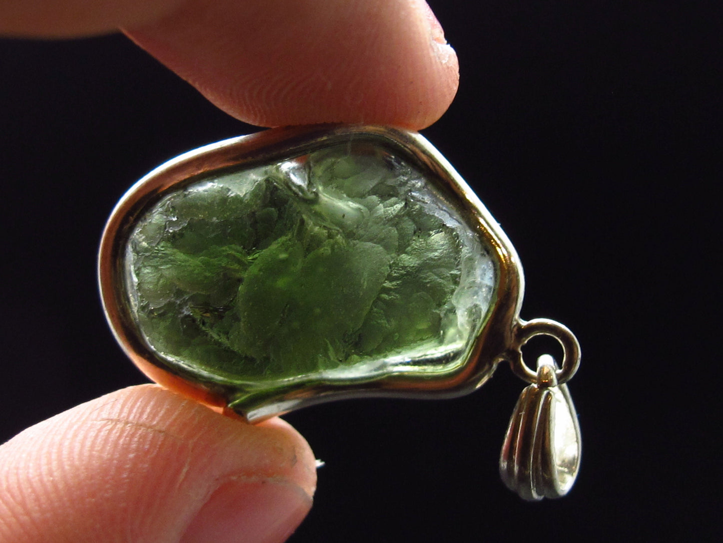 Shape!! Natural Gem Moldavite Tektite SS Pendant From Czech Republic - 4.9 Grams - 1.3"