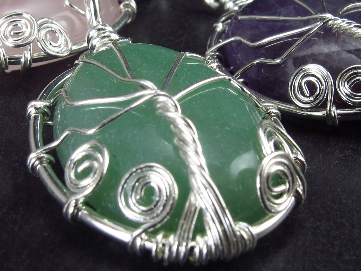 Set of 3 Natural Gem Green Aventurine Rose Quartz Amethyst Pendant Tree of Life