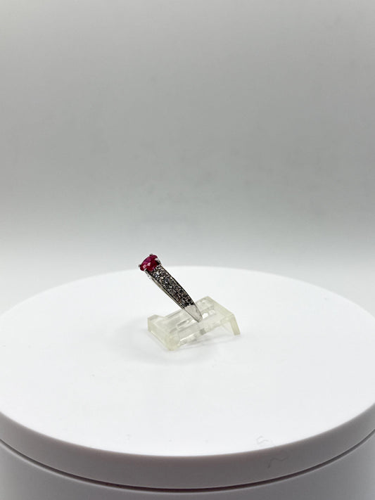 Ruby Solitaire Ring | Sterling Silver Pavé Band, Size 8