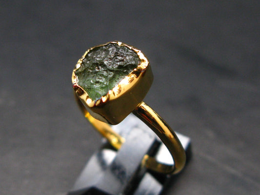 Moldavite Gold Plated Silver Ring - Size 9 - 2.10 Grams