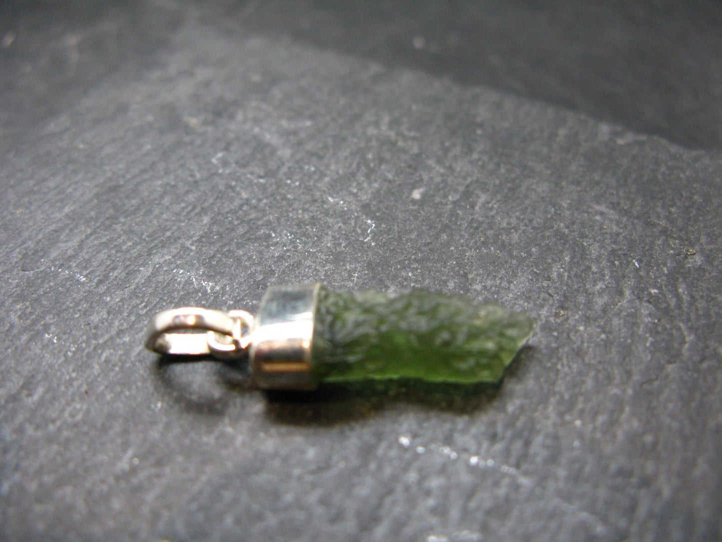 Gem Moldavite Tektite SS Pendant From Czech Republic - 1.2" - 1.8 Grams