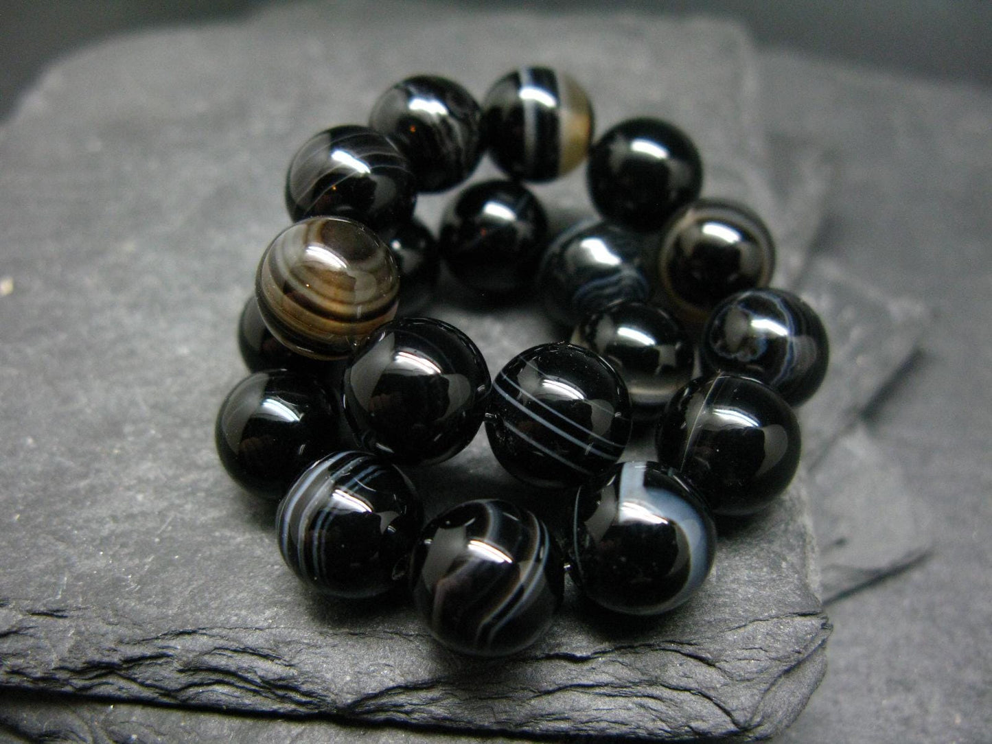 Black Agate Genuine Bracelet ~ 7 Inches ~ 10mm Round Beads