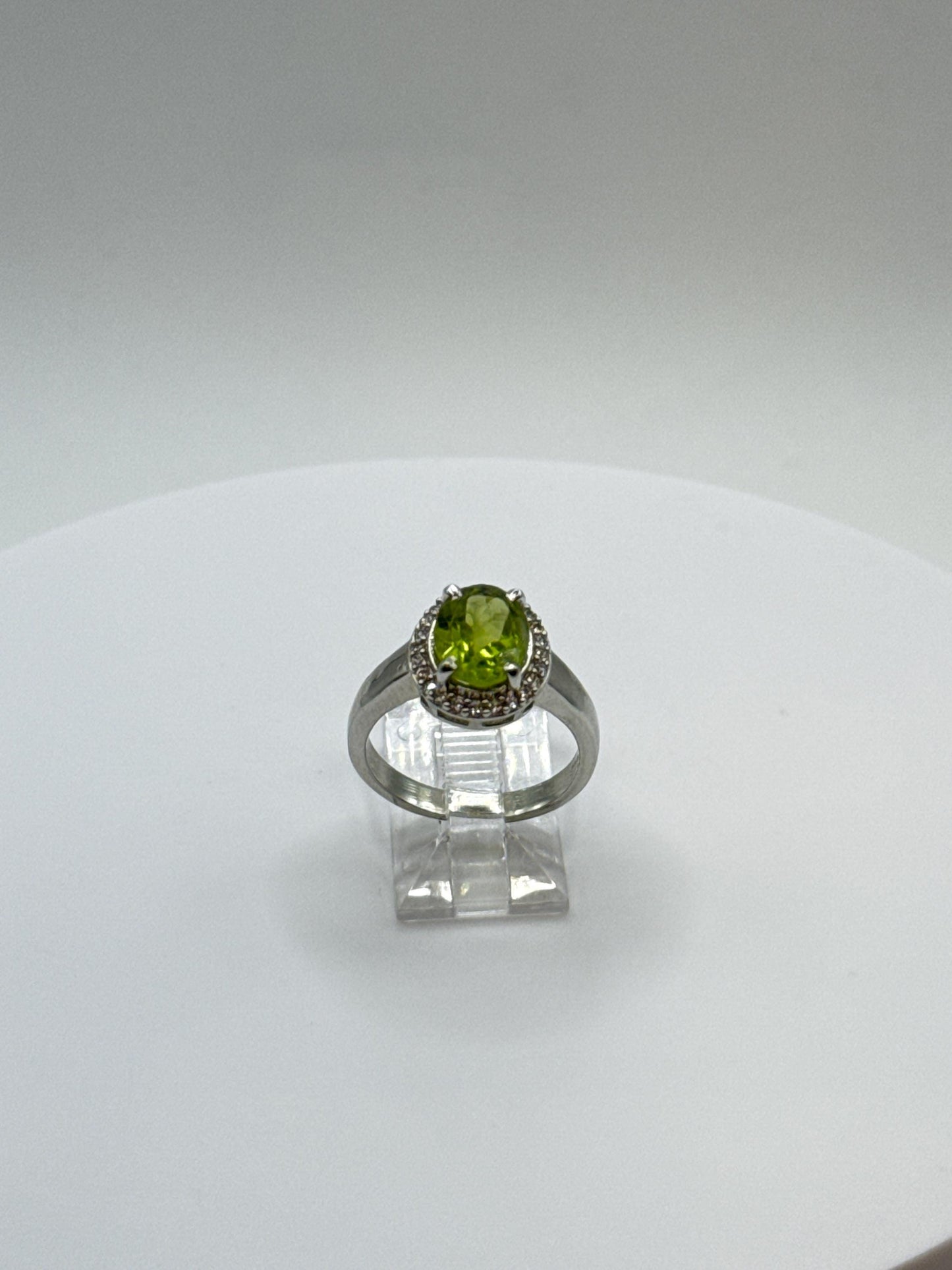 Oval Peridot Halo Ring | Sterling Silver, August Birthstone - Size 6