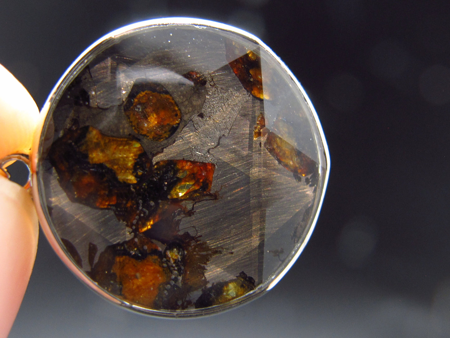 Rare Brahin Meteorite Slice With Olivine Pallasite Silver Pendant from Belarus - 1.2" - 7.76 Grams