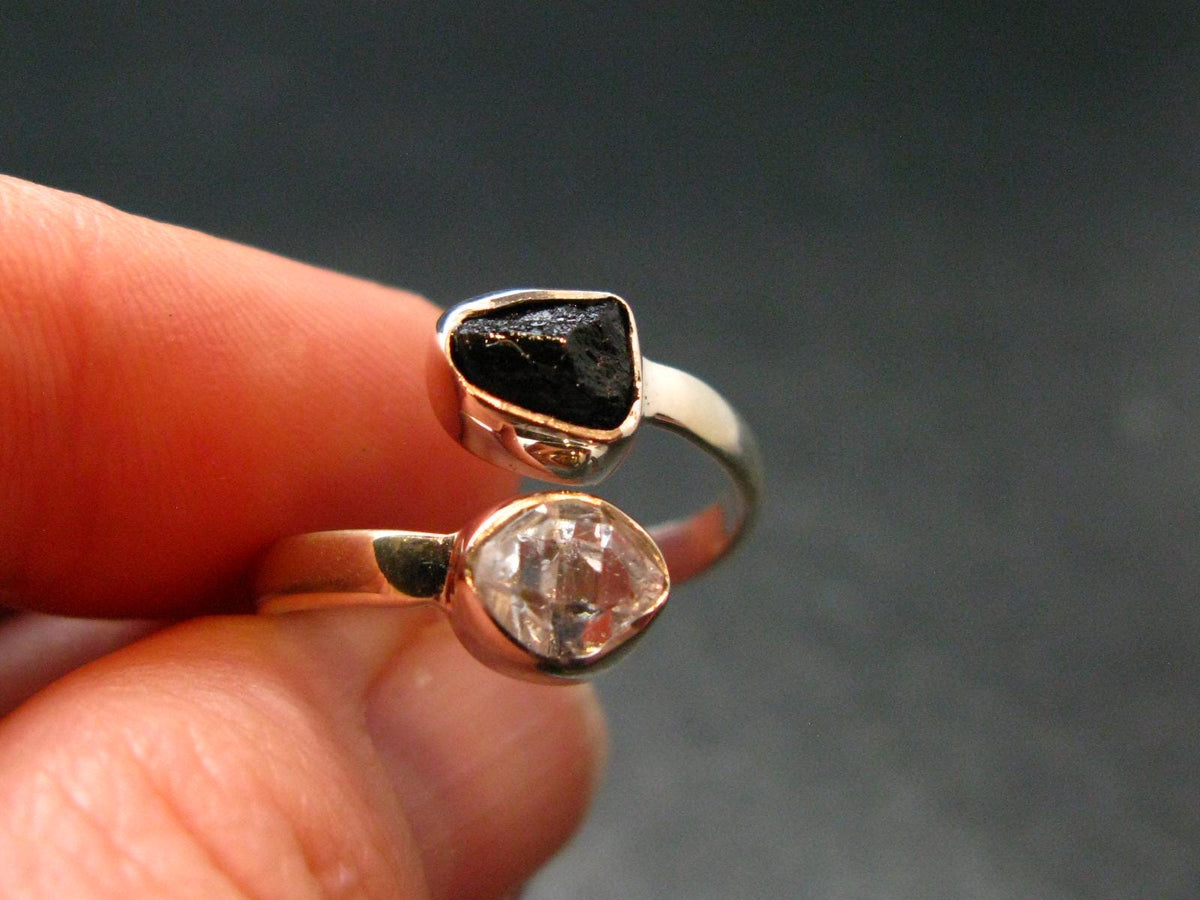 Black Tourmaline And Herkimer Diamond Silver Ring - Size 9 - 2.62 Grams
