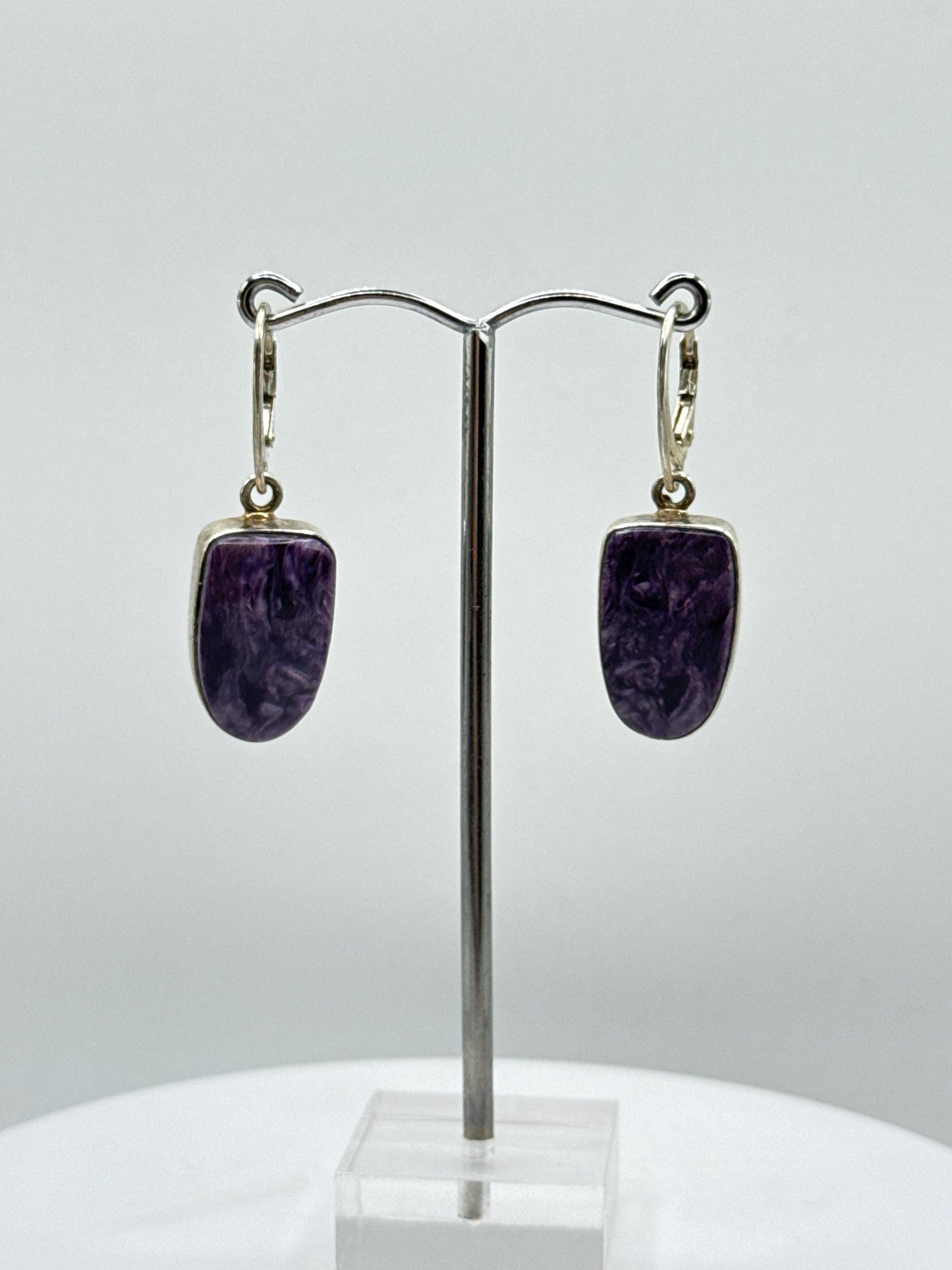 Charoite & Sterling Silver Oval Drop Earrings - 9.68 Grams