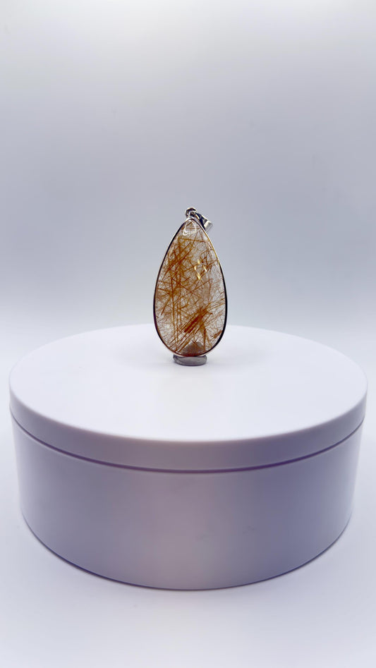 Golden Needle Quartz Teardrop Pendant – Natural Crystal Sterling Silver Jewelry