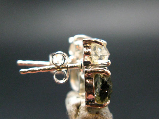 Moldavite & Herkimer Diamond Silver Stud Earrings - 0.7" - 2.29 Grams