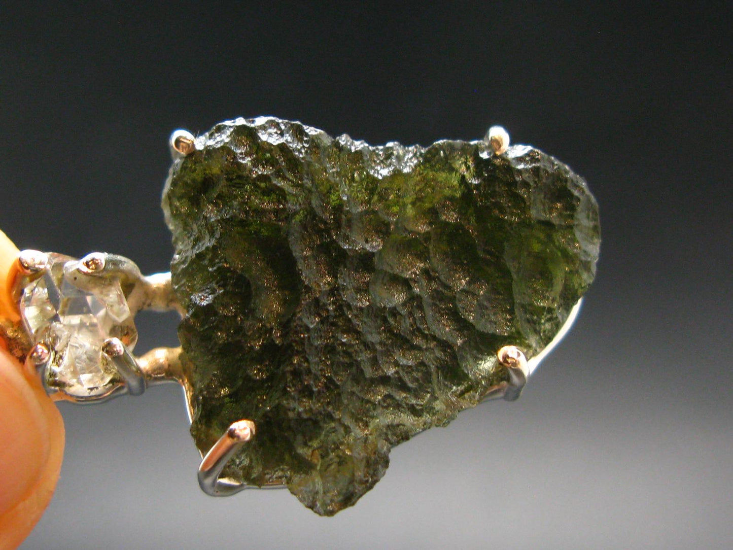 Moldavite & Herkimer Diamond Silver Pendant - 1.7" - 6.6 Grams