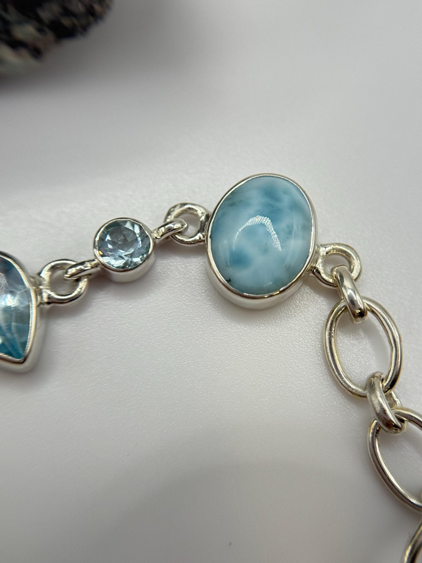 Larimar and Blue Topaz Silver Bracelet Ocean Gemstone Adjustable Link Bracelet Gift