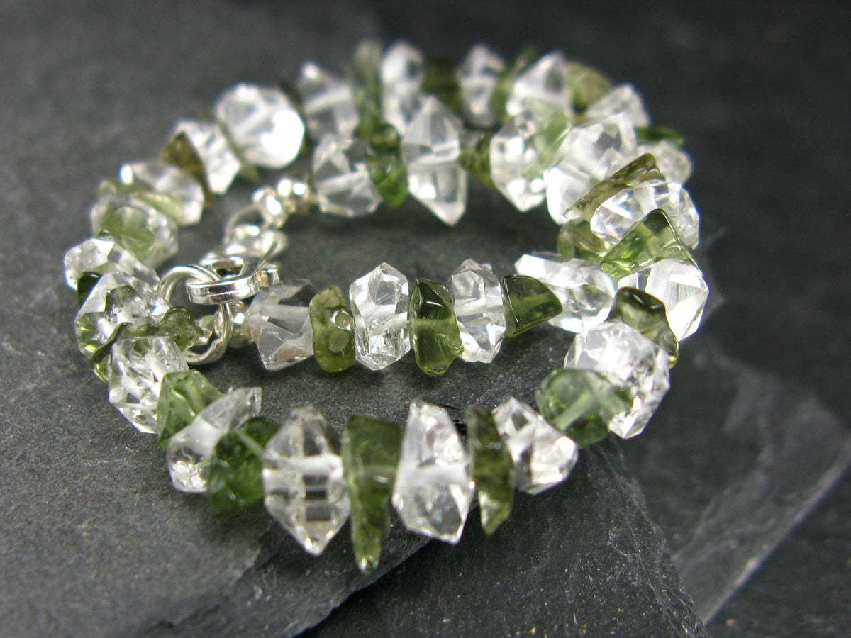 Moldavite & Herkimer Diamond Genuine Bracelet ~ 7 Inches ~ 8mm Crystal Beads
