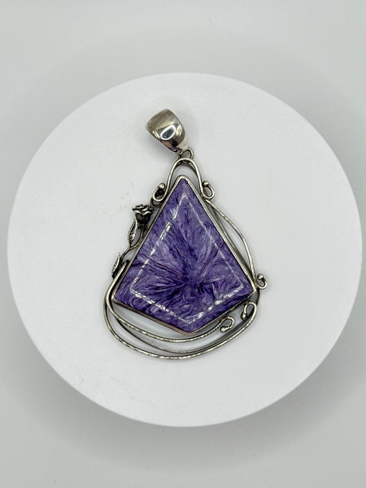 Charoite Sterling Silver Pendant – Geometric Design - 34.43 Grams