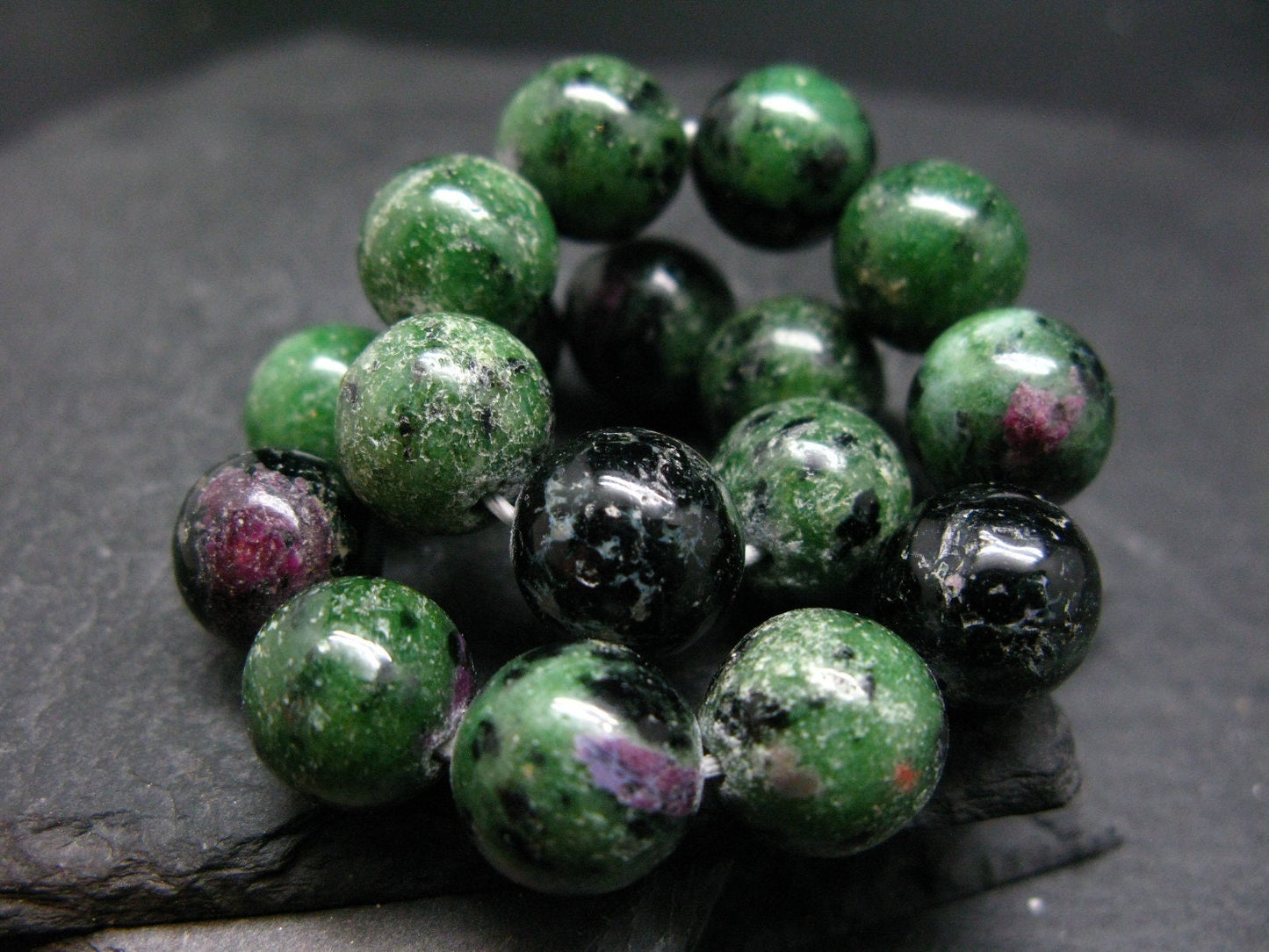 Ruby in Zoisite Genuine Bracelet ~ 7 Inches ~ 12mm Round Beads