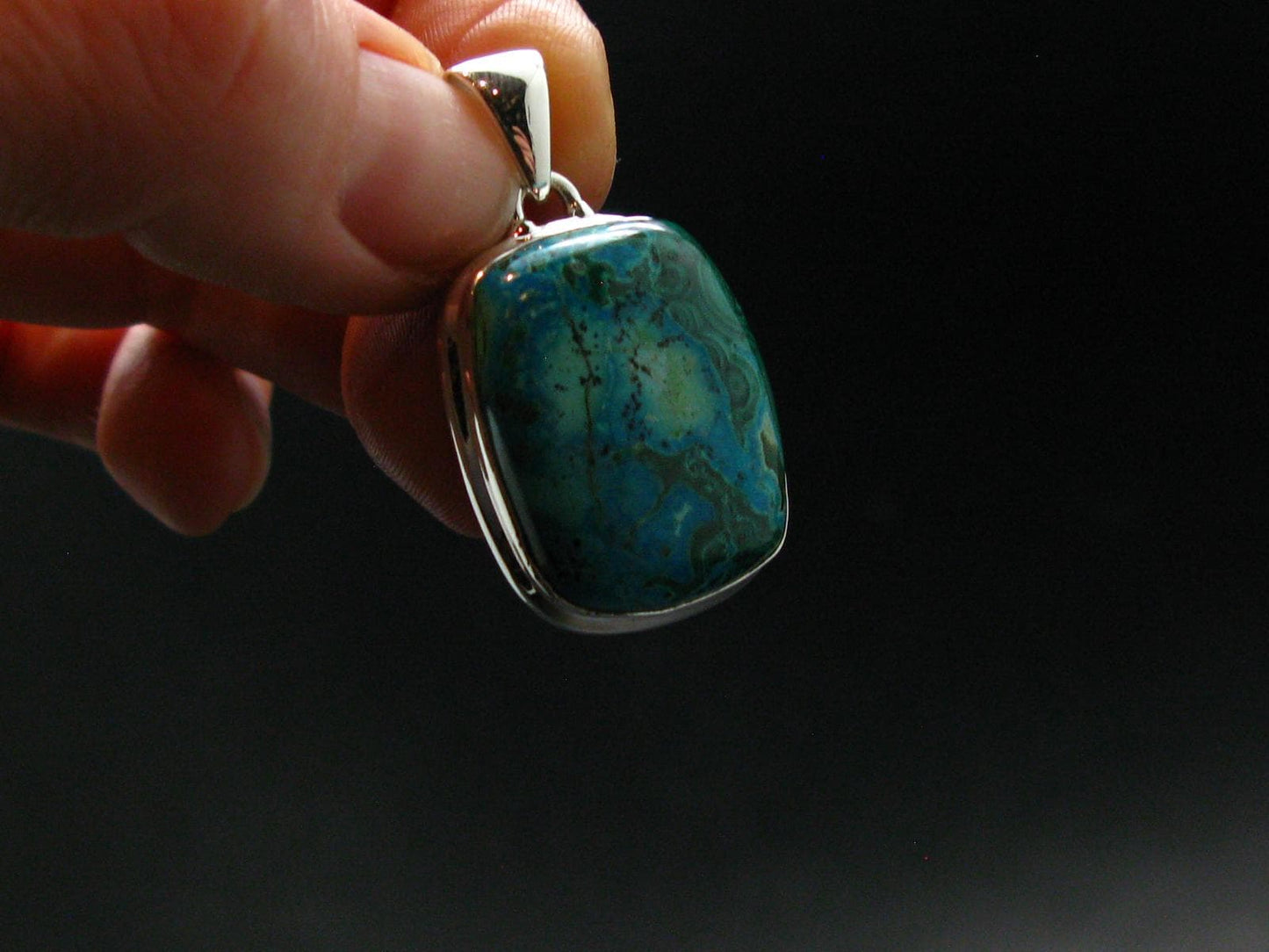 Malachite And Chrysocola Silver Plated Pendant from Congo - 1.3" - 7.3 Grams