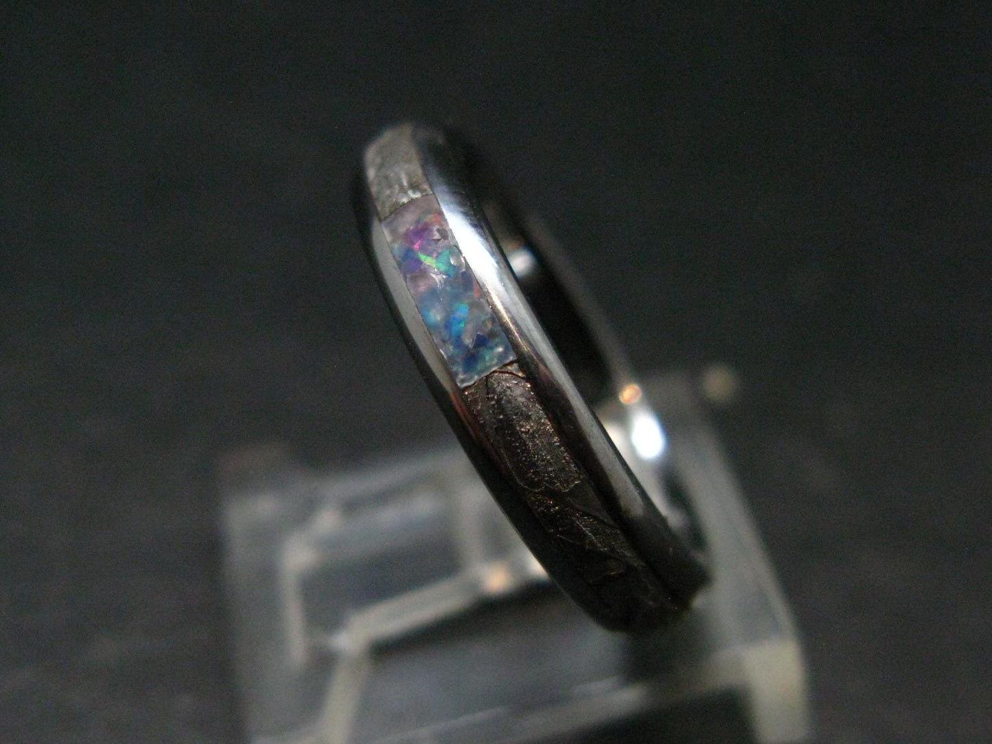 Muonionalusta Meteorite & Opal Steel Ring - 4.54 Grams - Size 6