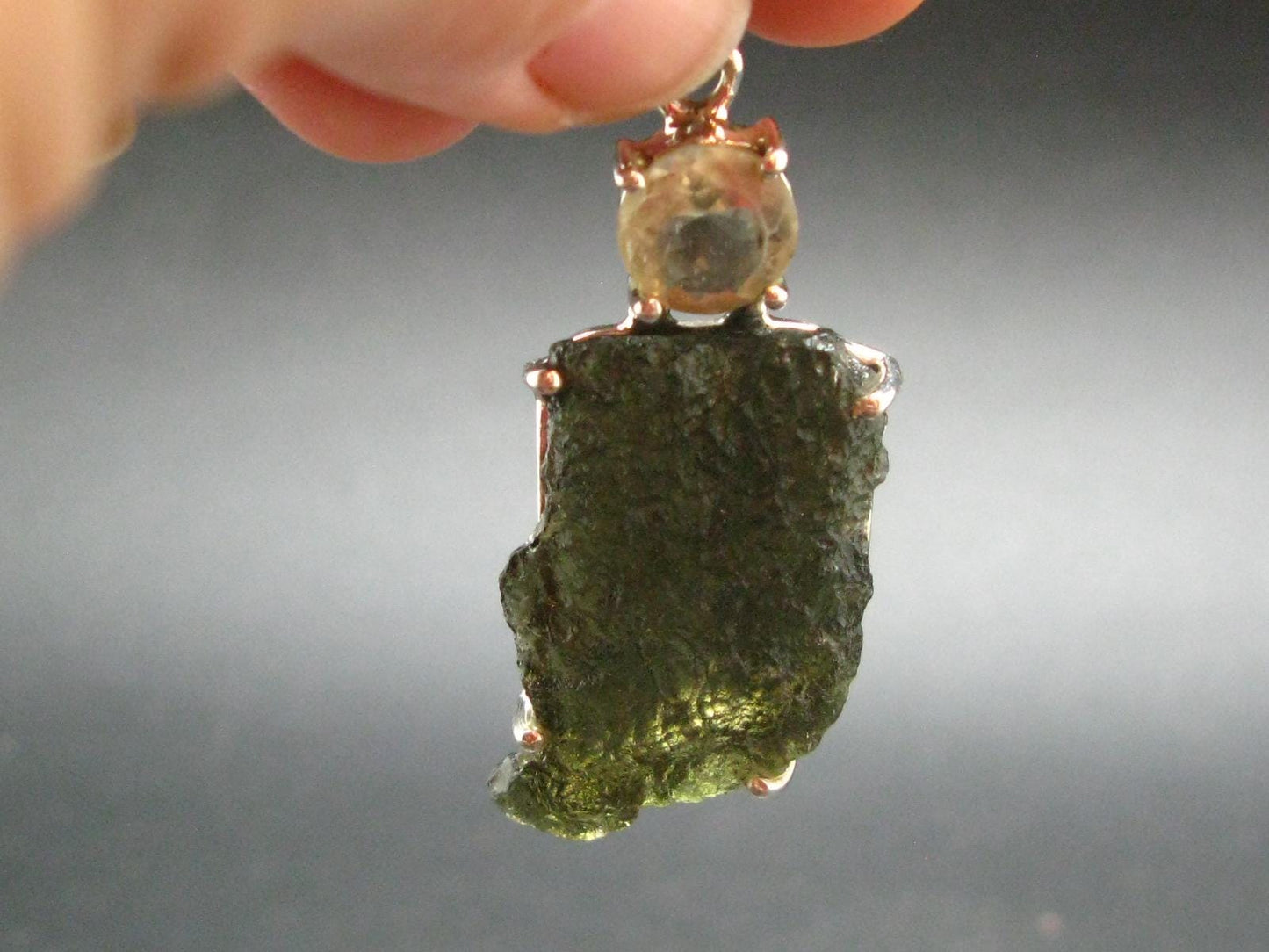 Raw Moldavite Tektite And Polished Libyan Tektite Silver Pendant - 2.0" - 8.01 Grams