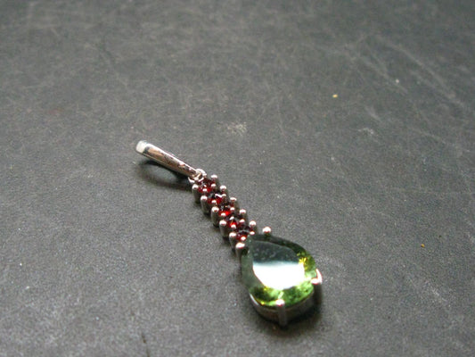 Moldavite Tektite & Red Garnet Silver Pendant from Czech Republic - 1.2"