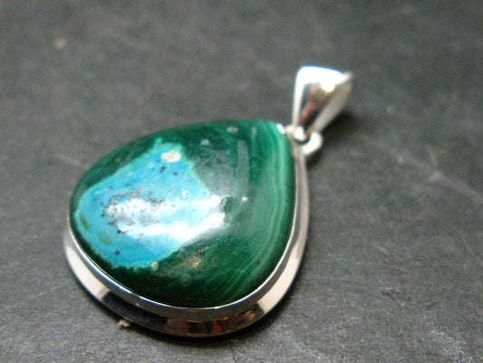 Malachite And Chrysocola Silver Plated Pendant from Congo - 1.4" - 8.0 Grams