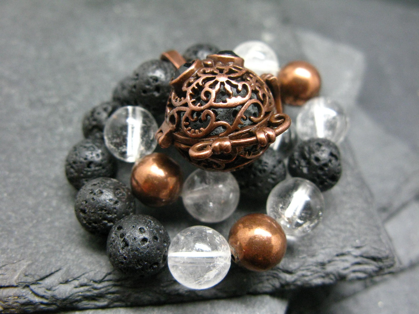 Lava & Quartz Genuine Bracelet ~ 7 Inches ~ 8mm Round Beads
