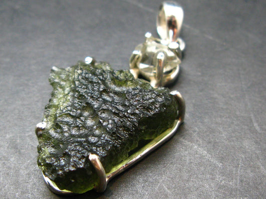 Moldavite & Herkimer Diamond Silver Pendant - 1.7" - 6.6 Grams