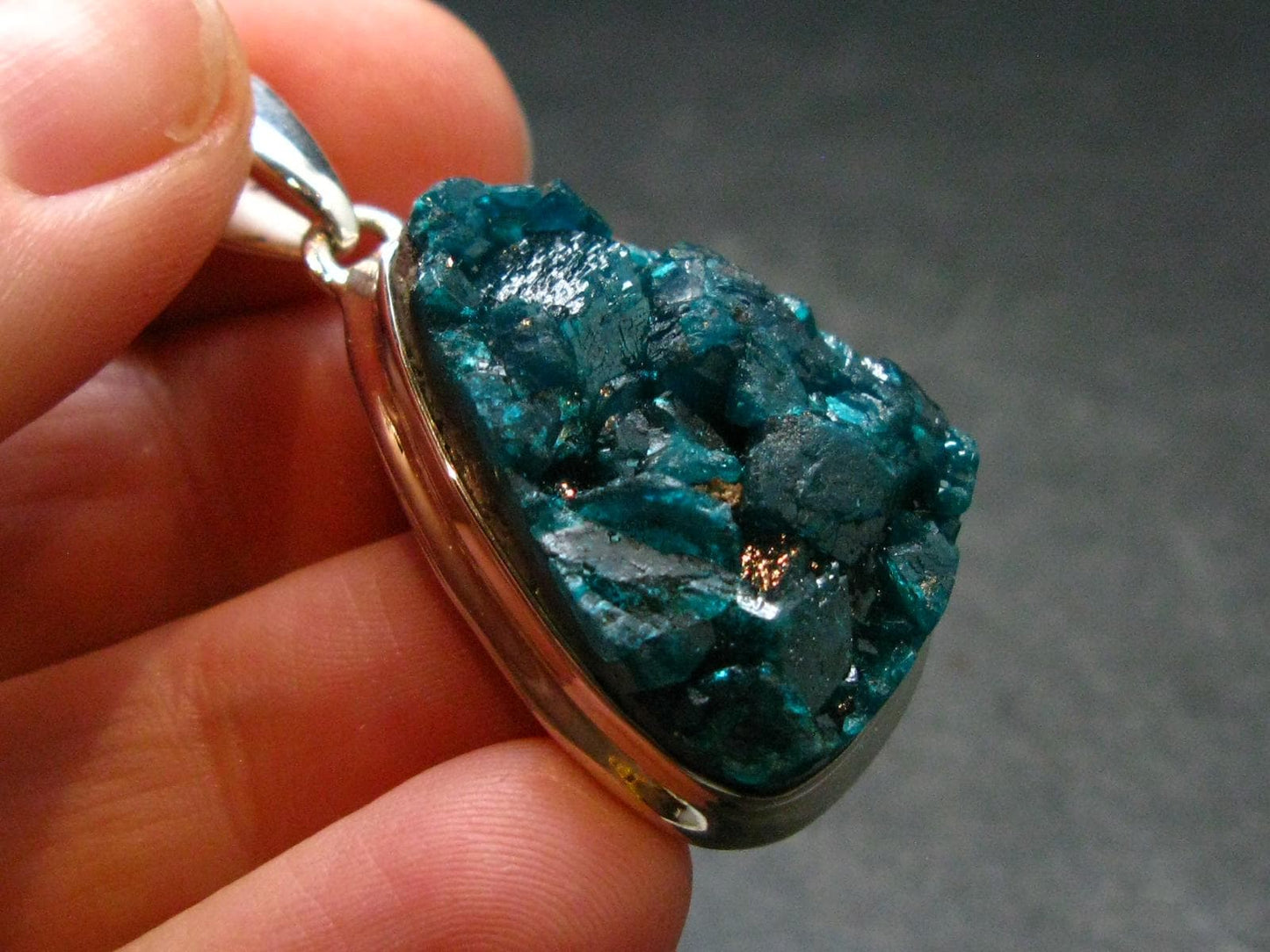 Dioptase Crystal Silver Pendant from Congo - 9.59 Grams - 1.5"