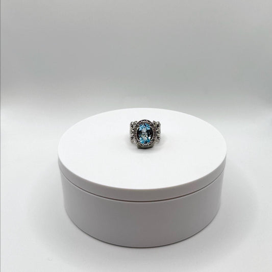 Vintage Swiss Blue Topaz Ring with Ornate Silver Detailing - Size 8