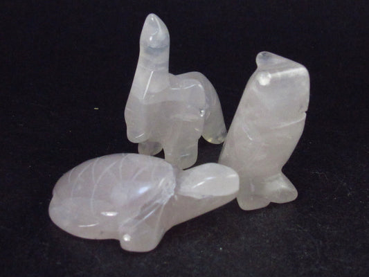 Three Small Natural Rose Quartz Carved Animals - Owl, Turtle, Elephant - 28.9 Grams
