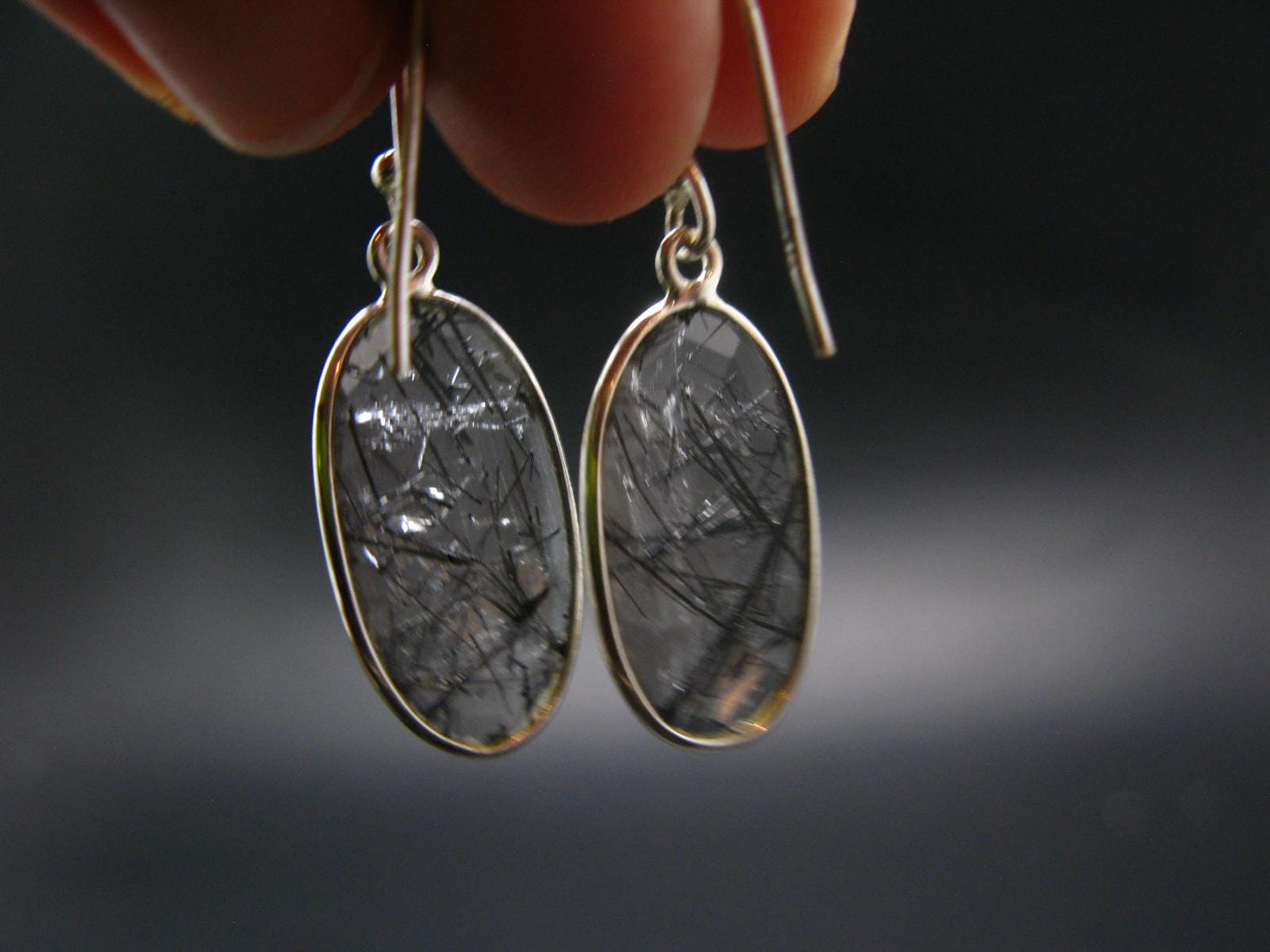 Large Tourmalinated Quartz Crystal Silver Earrings From Brazil - 1.4" - 3.80 Grams