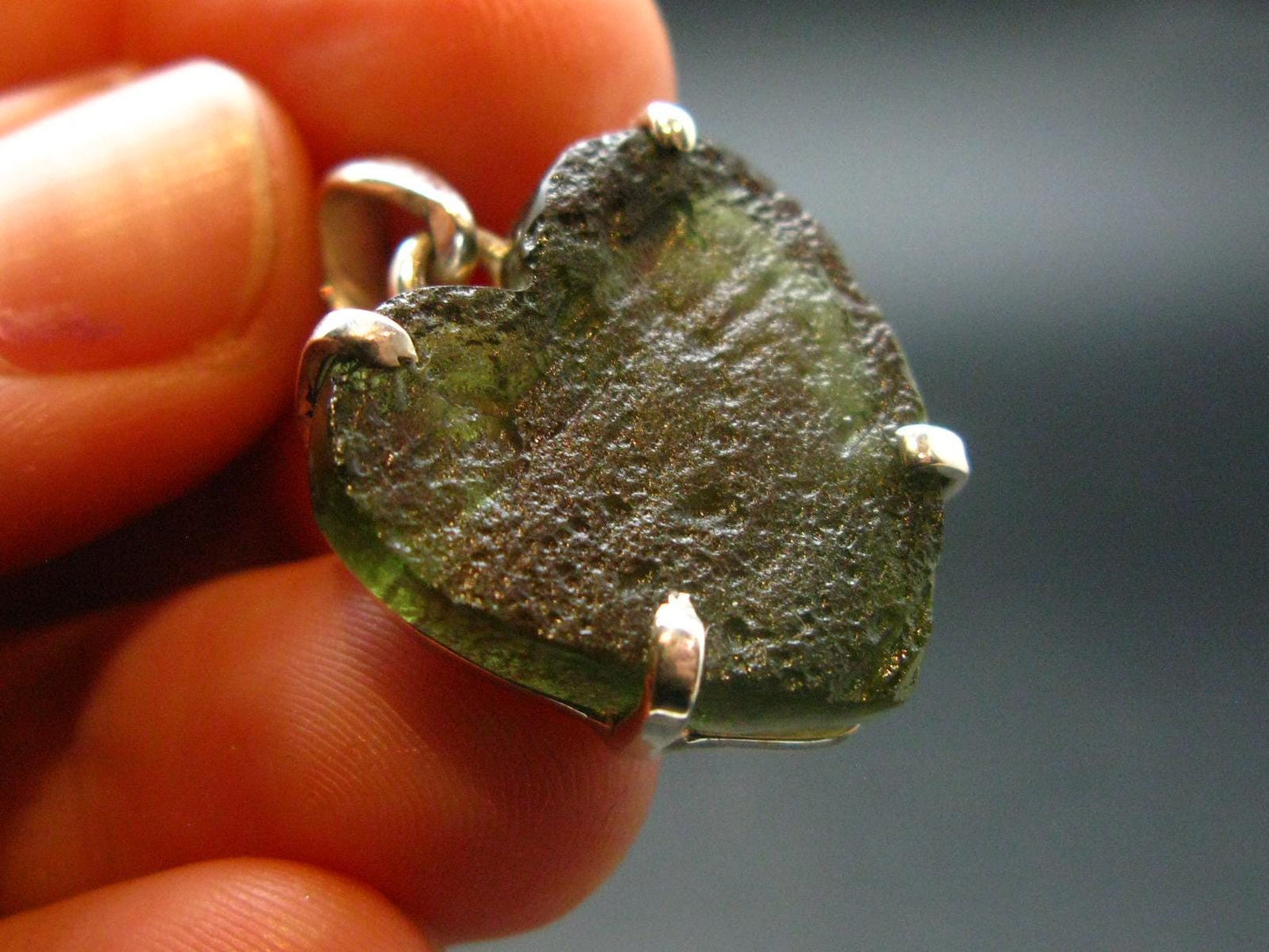 Gem Moldavite Tektite SS Pendant Heart From Czech Republic - 1.1" - 4.44 Grams