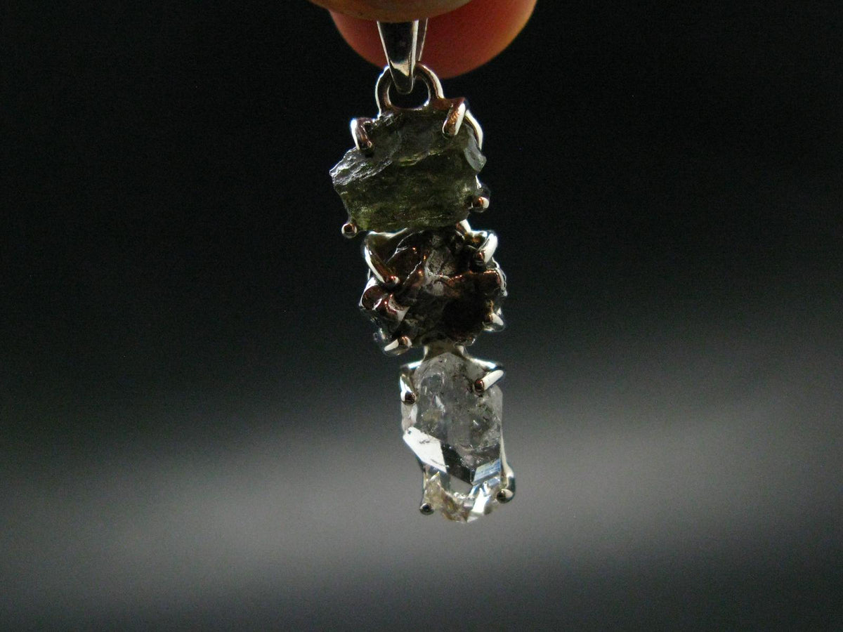 Moldavite Herkimer Meteorite Sterling Silver |Pendant From Czech Republic - 1.4" - 3.65 Grams