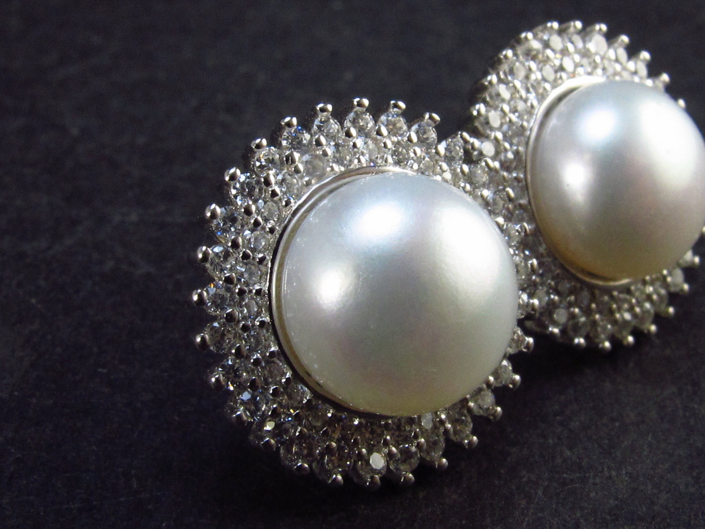 The Most Classic Earring Styles!! Natural 8mm Round Freshwater Cultured Pearls 925 Silver Stud Earrings with CZ - 0.7""