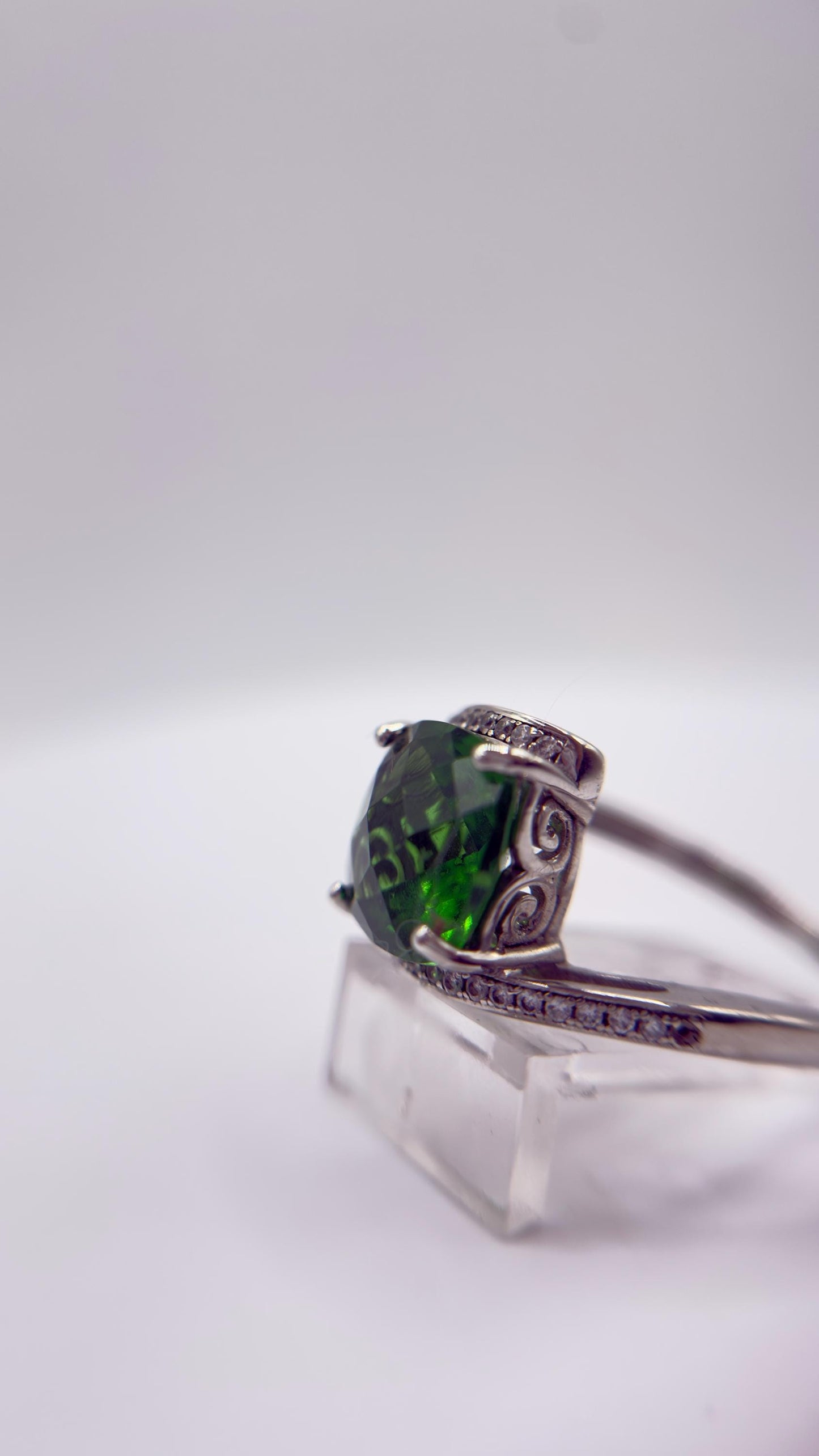 Green Helenite Cushion Cut Ring – Sterling Silver Halo Gemstone Statement Ring