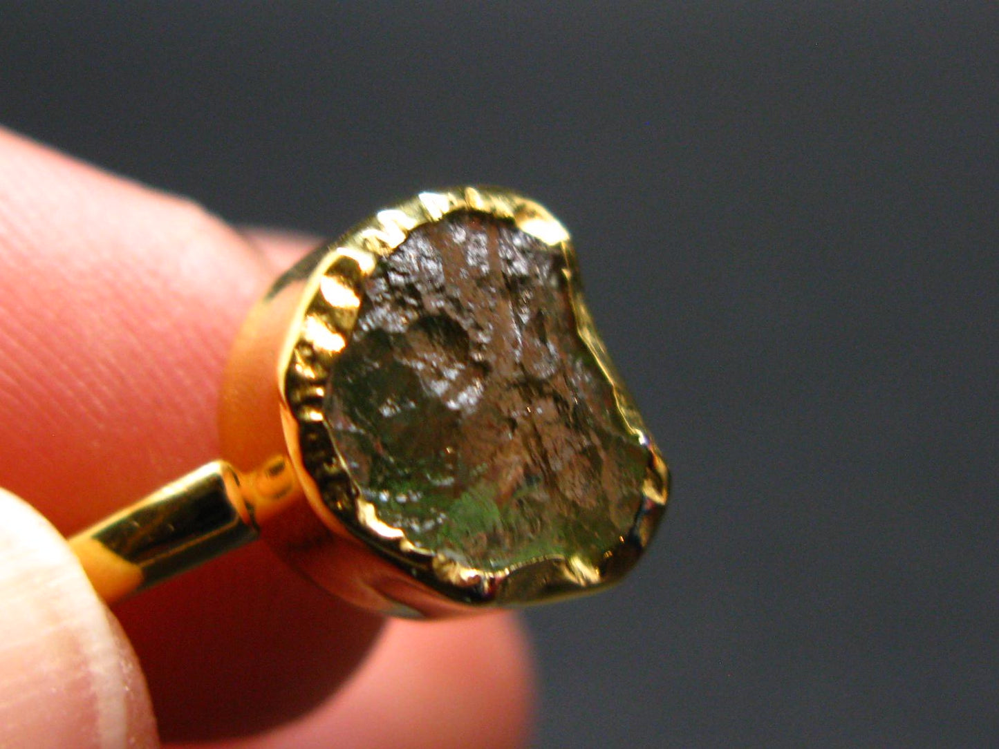Moldavite Gold Plated Silver Ring - Size 9 - 2.10 Grams