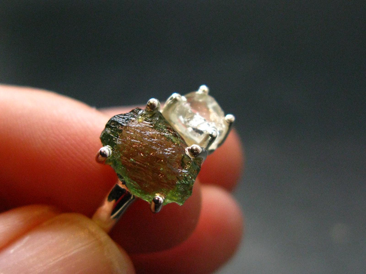 Moldavite Tektite and Herkimer Diamond Silver Ring - Size 7 - 2.69 Grams