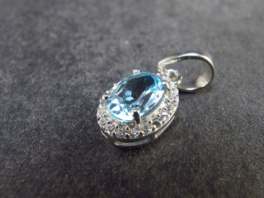 Elegant Genuine Solitaire Sky Blue Topaz Sterling Silver Pendant with CZ From Brazil - 0.7" - 1.22 Grams