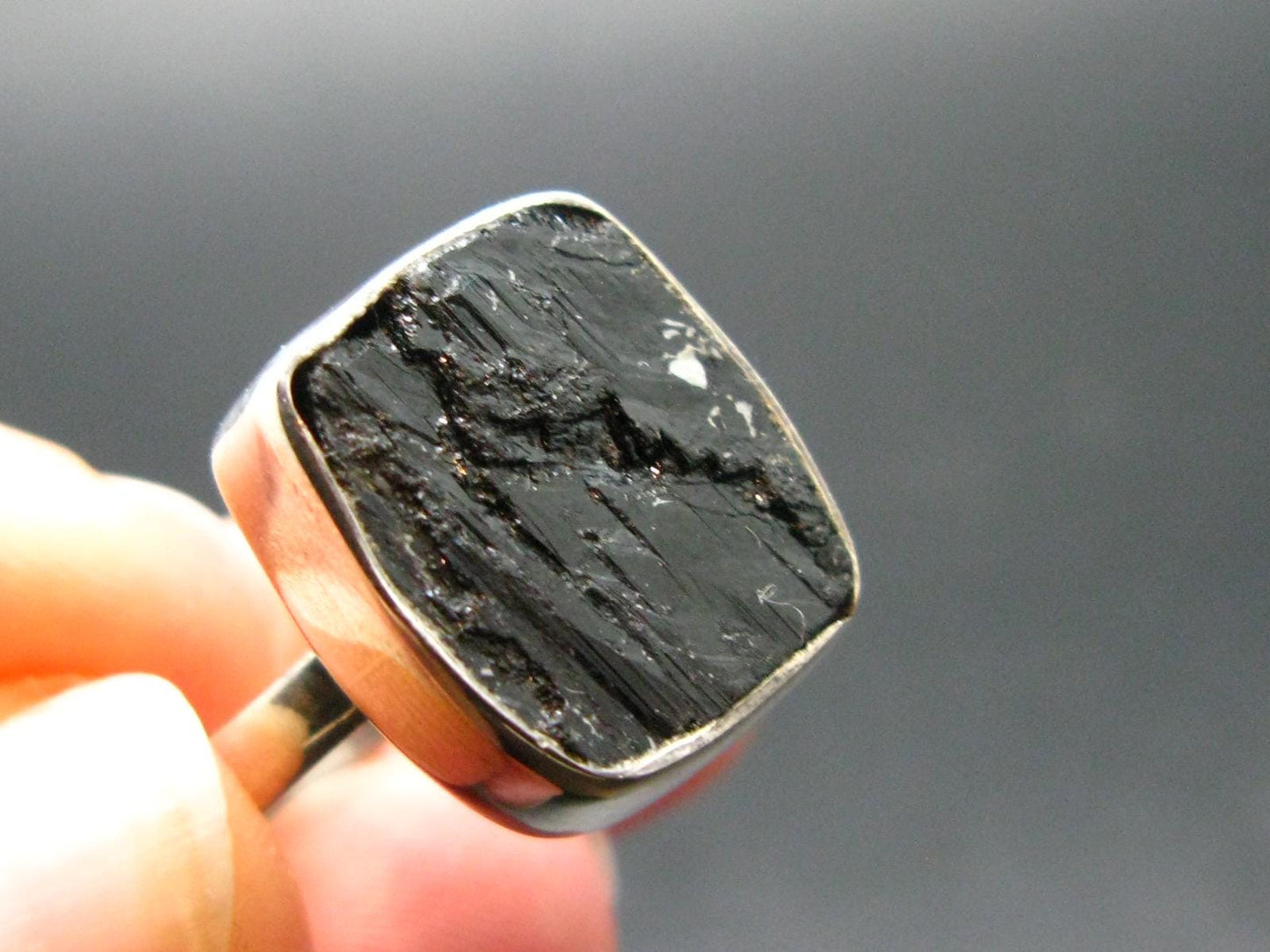 Natural Crystal Black Tourmaline 925 Silver Ring From Namibia - 6.05 Grams - Size 6