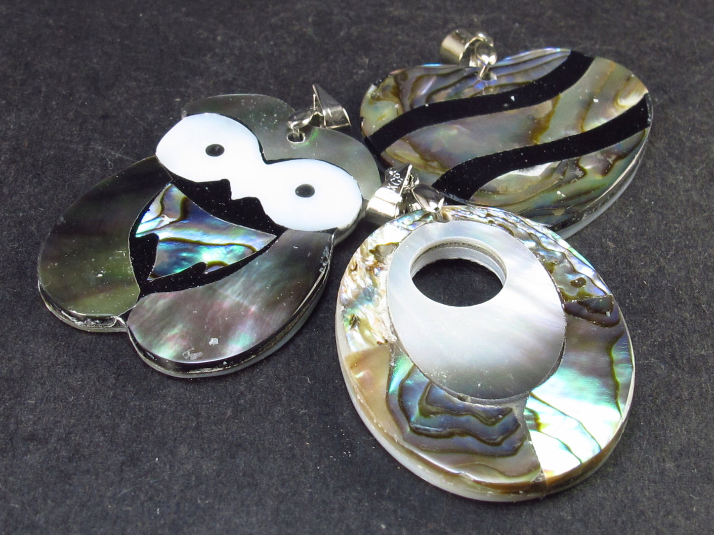 Lot of 3 Three Abalone Shell Paua Shell Mother of Pearl Mosaic Pendants from Bali