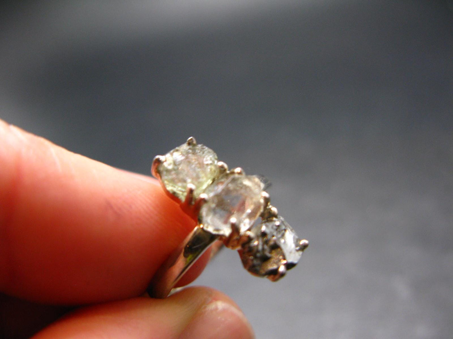 Moldavite Tektite, Meteorite and Herkimer Diamond Silver Ring - Size 5 - 2.45 Grams