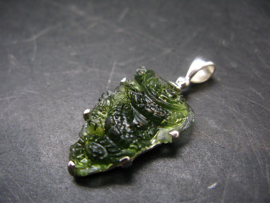 Moldavite Tektite Silver Dragon Pendant from Czech Republic - 1.6" - 6.28 Grams
