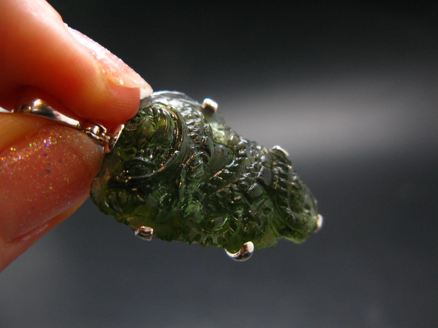 Moldavite Tektite Silver Dragon Pendant from Czech Republic - 1.6" - 6.28 Grams