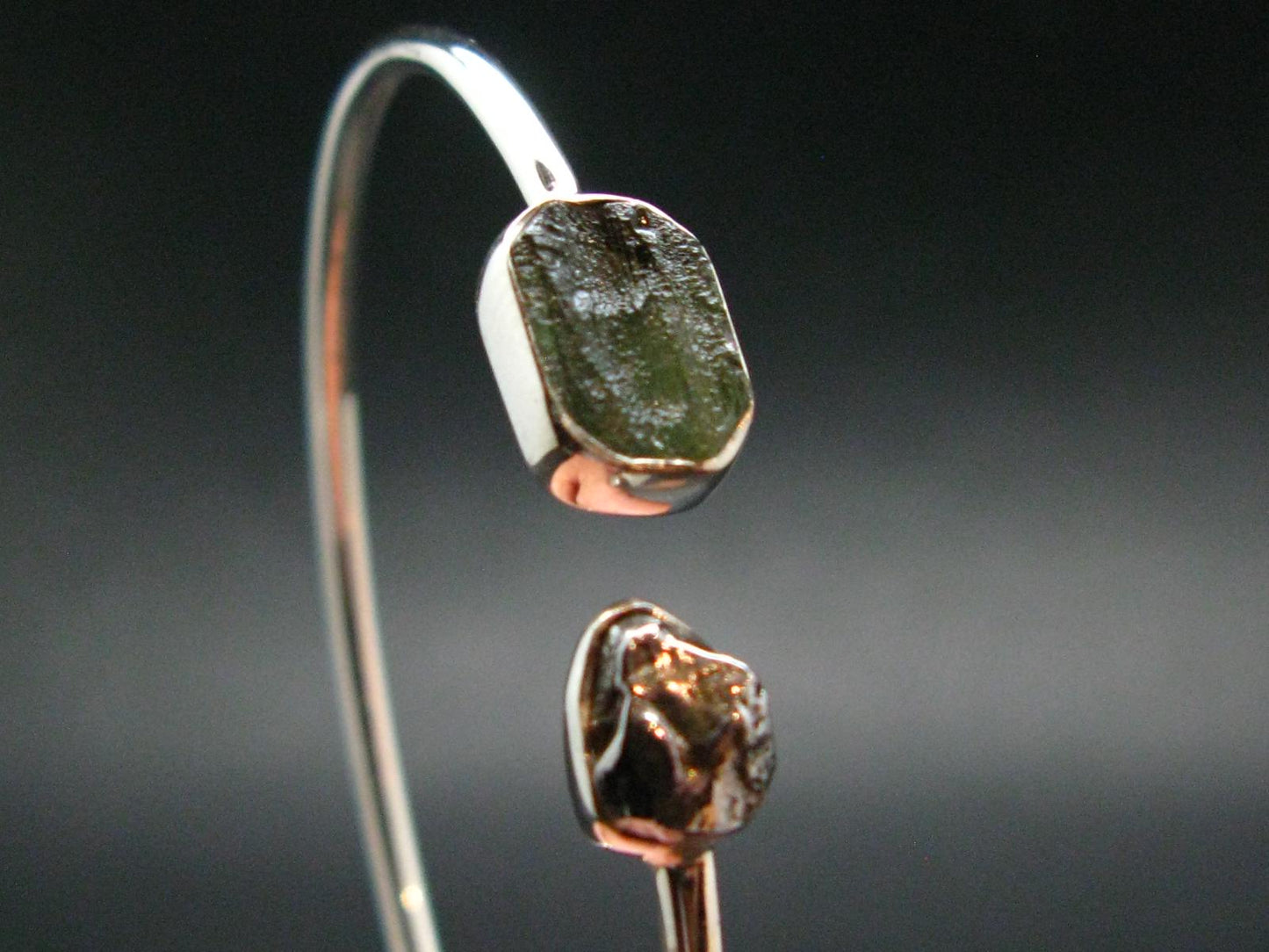 Moldavite and Meteorite Sterling Silver Bracelet - 5.05 Grams - Size Adjustable