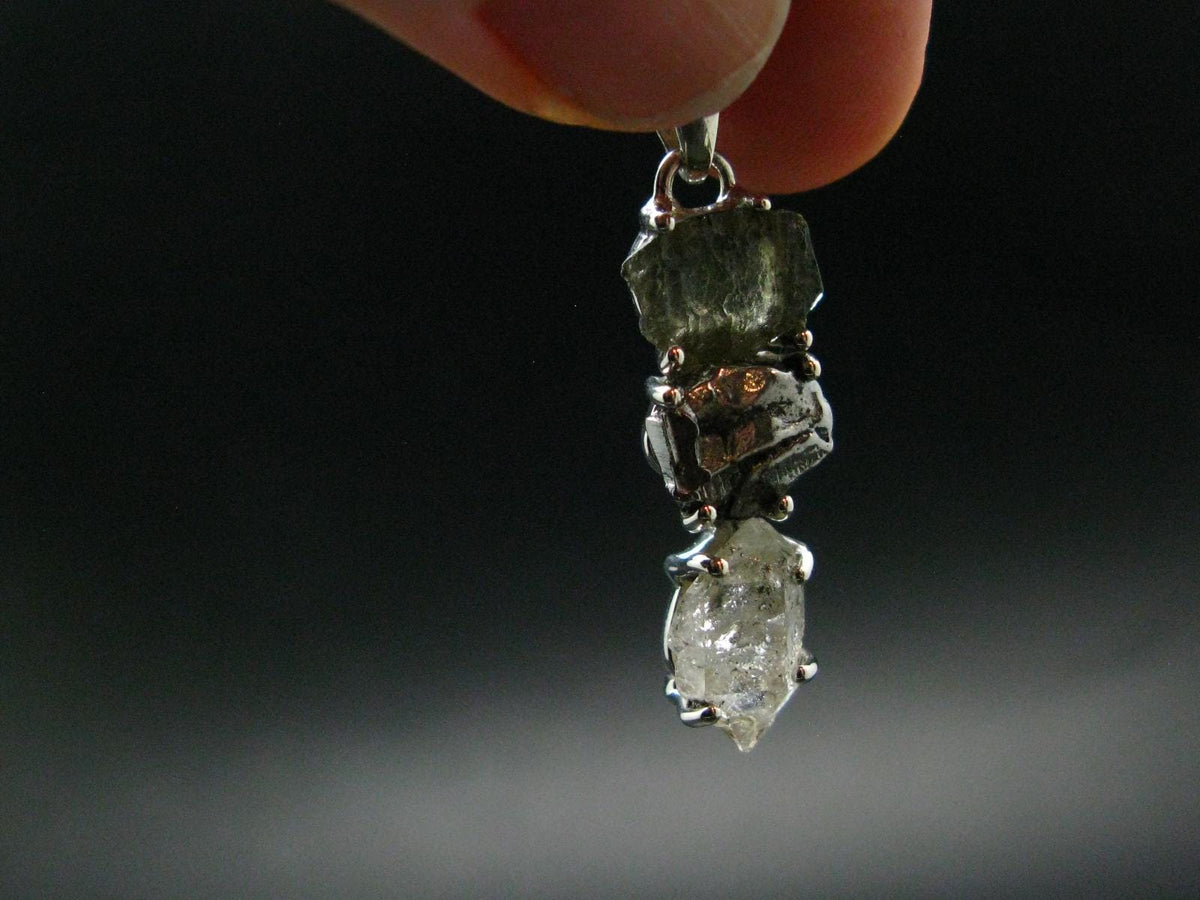 Moldavite Herkimer Meteorite Sterling Silver |Pendant From Czech Republic - 1.4" - 3.55 Grams