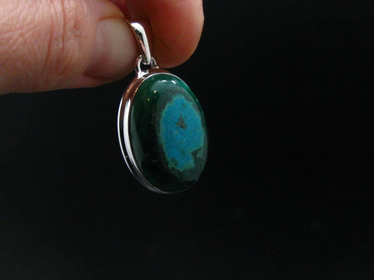 Malachite And Chrysocola Silver Plated Pendant from Congo - 1.4" - 9.49 Grams