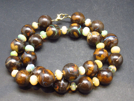 Rare Boulder Opal & Precious Opal Beads Necklace From Australia - 18"