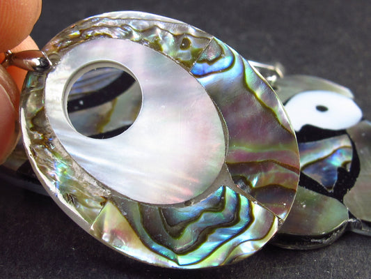 Lot of 3 Three Abalone Shell Paua Shell Mother of Pearl Mosaic Pendants from Bali