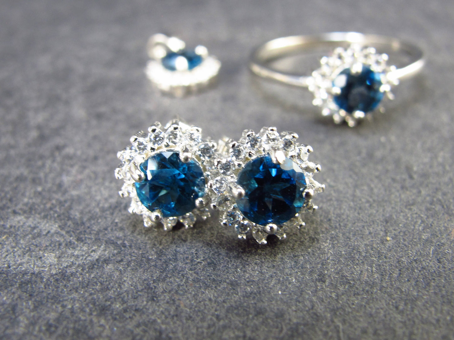 Natural Faceted London Blue Topaz 925 Sterling Silver Set Ring Earring Necklace with CZ - 4.84 Grams