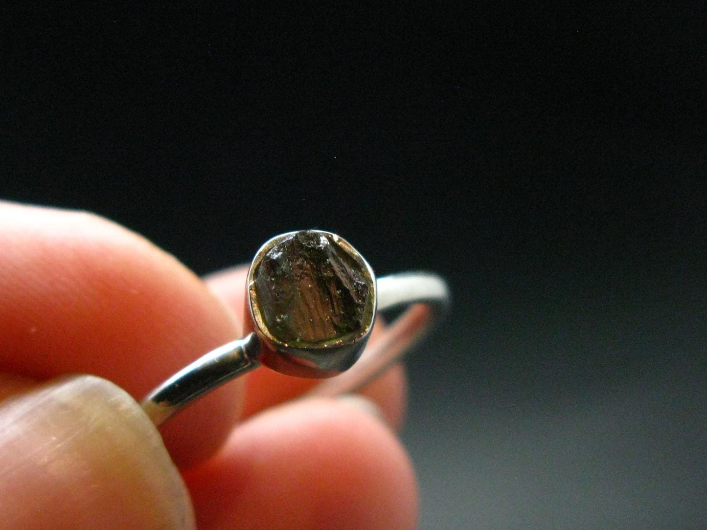 Moldavite Tektite Silver Ring from Czech Republic - 8 Size - 1.95 Grams