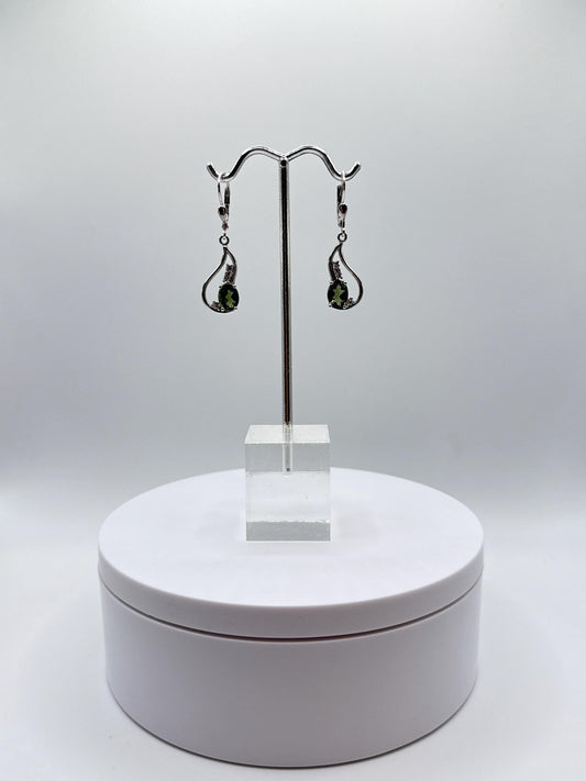 Sterling Silver Moldavite Drop Earrings – Handcrafted Green Gemstone Dangles in Sterling Silver - Weight 4.20 Grams