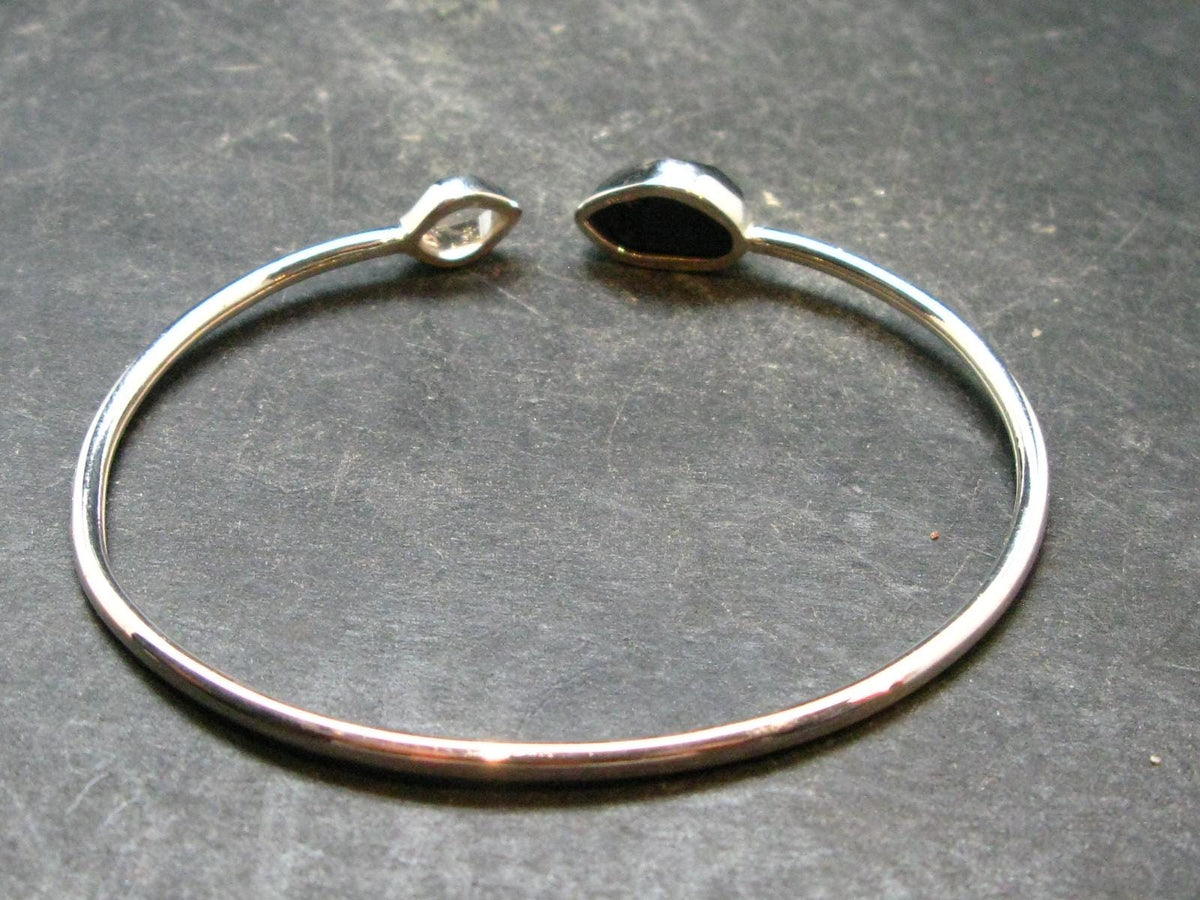 Black Tourmaline And Herkimer Diamond Silver Twister Bracelet - Size Adjustable - 5.0 Grams